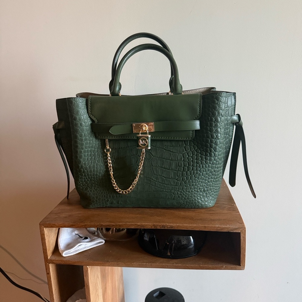 Michael Kors Hamilton Legacy Crocodile Embossed Leather Belted Satchel Handbag